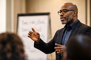 A presenter speaking to a seated workshop audience.